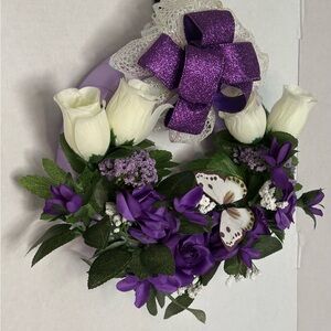 Purple & White Floral Wreath with Butterfly Accent. 12 inches round.